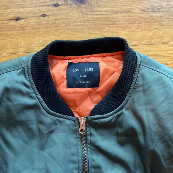 Love Tree Women’s Bomber Jacket Olive Green Orange Lining Pockets - Picture 2 of 4
